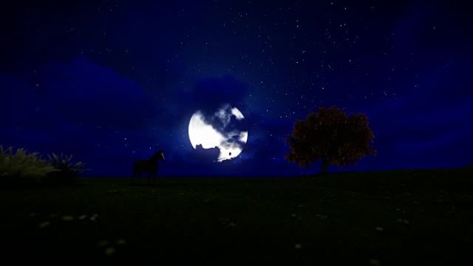 美丽的马和生命树对抗满月