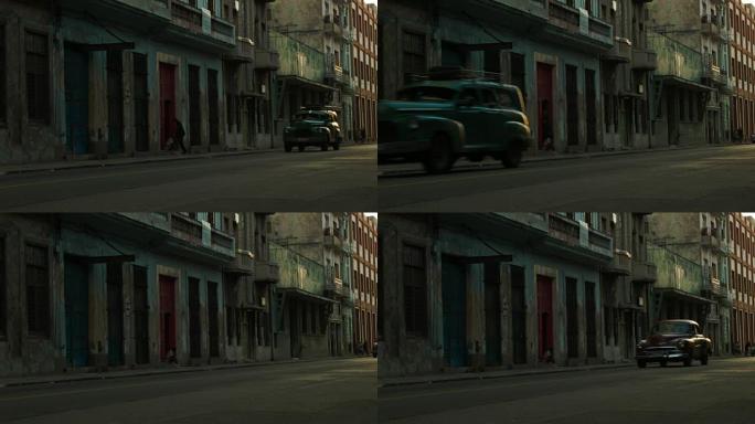 老式汽车在哈瓦那老街上行驶
