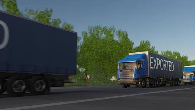 超速货运半卡车，拖车上有出口字幕。公路货物运输。无缝循环全高清剪辑
