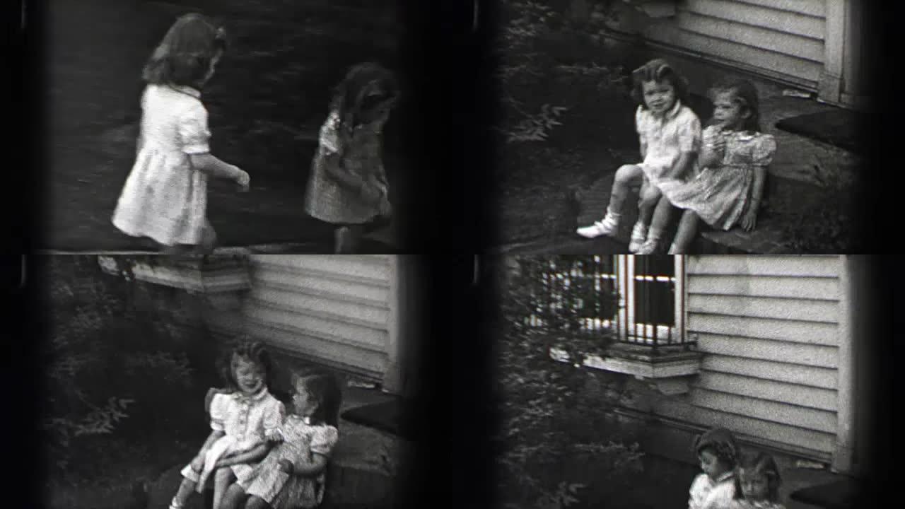 1939: 年轻女孩竞相坐在波浪形卷曲长刘海发型的前廊弯腰。