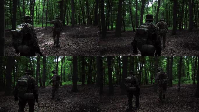 游击队员们带着枪在森林里伏击