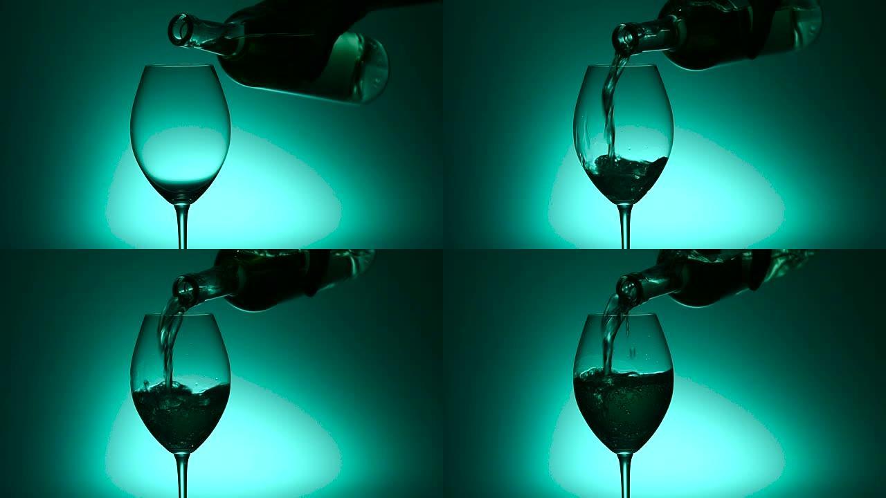 水晶酒杯白葡萄酒饮料，绿色，慢动作