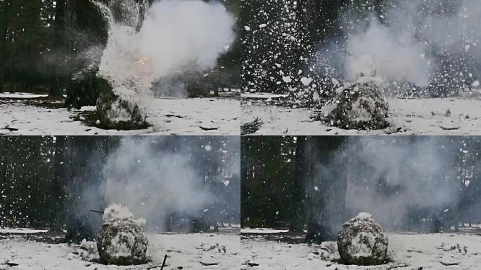 雪人，鞭炮在慢动作1000 fps中爆炸