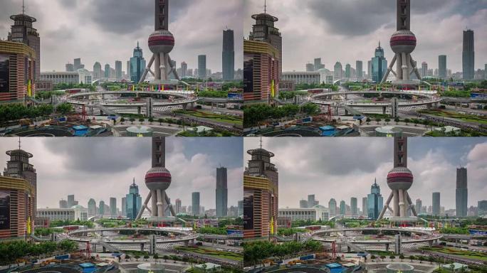 中国上海著名东方明珠塔广场全景4k延时