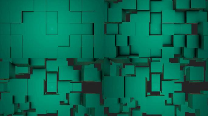 抽象立方体背景随机运动，3d可循环动画。抽象彩盒背景。无缝循环抽象立方体背景。绿松石立方体