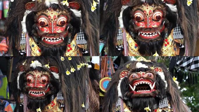 在巴厘岛举行的名为Barong的仪式中，动物面具舞的四合一特写镜头。正常和慢动作的镜头。