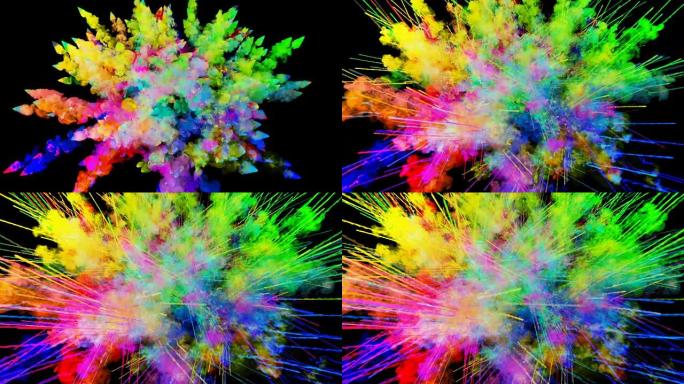 黑色背景上孤立的粉末爆炸。粒子的3d动画作为彩色背景或叠加效果。彩虹色粉的爆发，如胡里节。53