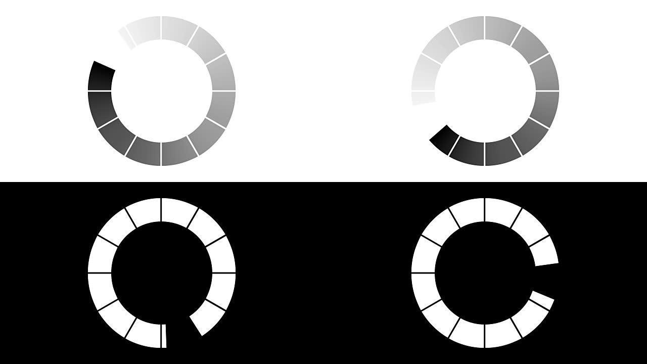 在白色背景动画上加载圆圈图标，可选亮度哑光。包括阿尔法亮度哑光。4k视频