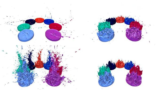 白色背景上的油漆随着时间的放缓而跳舞。在播放音乐的音乐扬声器上模拟3d墨水飞溅。在超高质量4k中作为