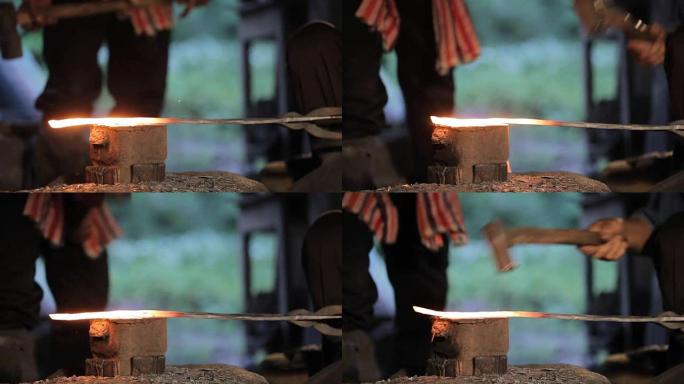 钢铁厂用古董工艺打钢刀。泰国。