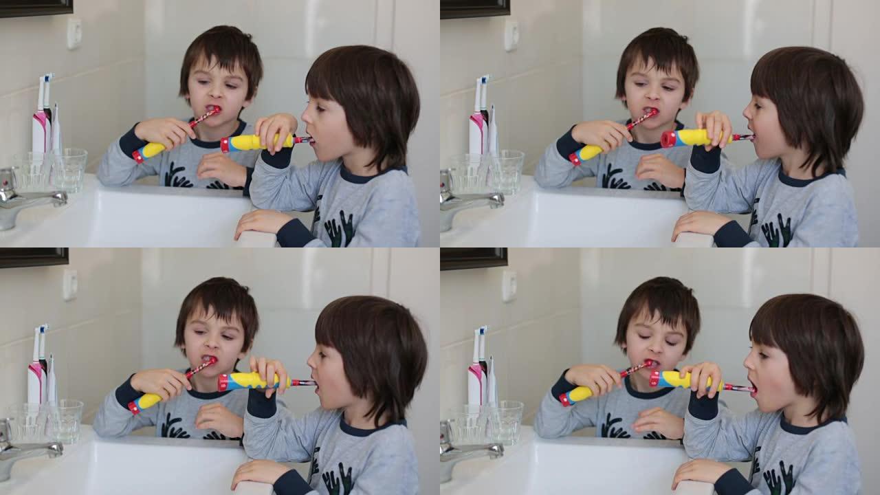 学龄前男孩，在浴室刷牙，晴天，早上穿着睡衣的孩子