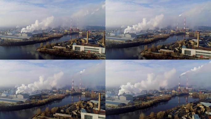 垃圾焚烧厂。带有吸烟烟囱的垃圾焚化炉厂。工厂污染环境的问题。