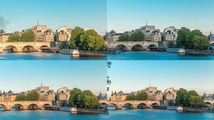塞纳河，新桥桥和Cite岛与皇宫，礼宾室和中世纪建筑之间的日落时光倒流。法国巴黎