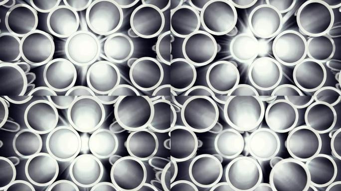 金属管道堆放。具有选择性聚焦效果的闪光金属钢管堆。