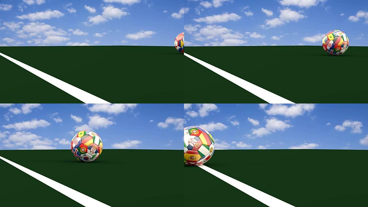 足球以世界杯参赛者的颜色越过球门线，3d渲染