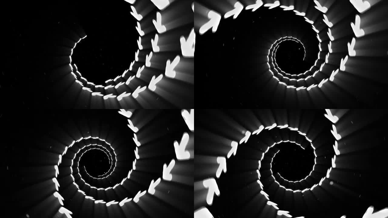 白色箭头的照明隧道，旋转线循环动画，