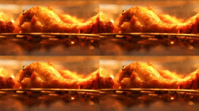 极度关闭烹饪鸡腿烤架，在热烤箱中烘烤，燃烧并取出脂肪和油，4K Dci分辨率