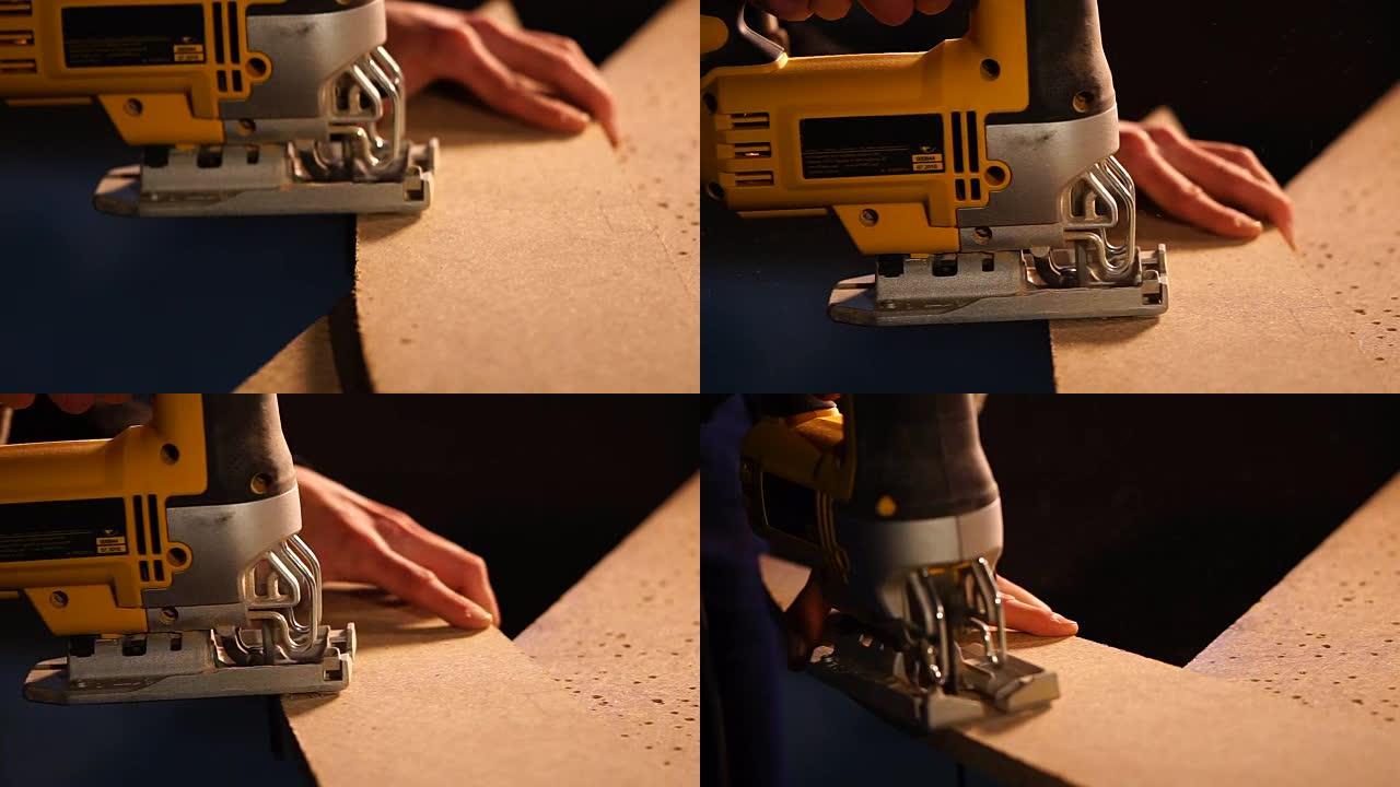 木匠正在用夹具锯在刨花板细节上雕刻凹槽，特写