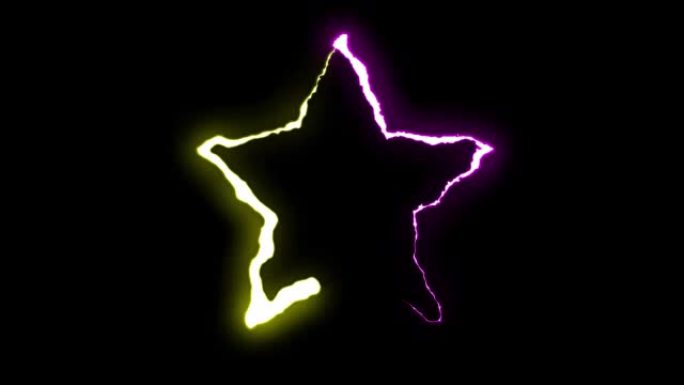 可循环的黄色紫色霓虹灯闪电星星符号形状飞行黑色背景动画新质量独特的自然光效果视频素材
