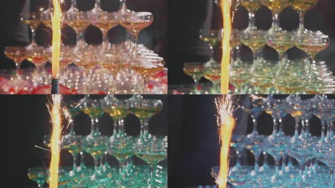 服务员用五彩纸屑和喷泉在金字塔的玻璃杯中倒香槟
