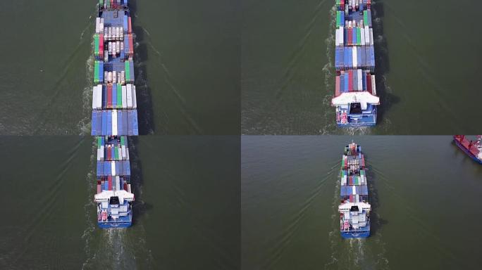 荷兰鹿特丹3港货船运输集装箱的无人机拍摄