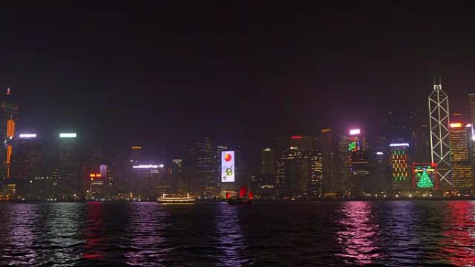 中国之夜照明香港城市著名海湾渡轮全景4k