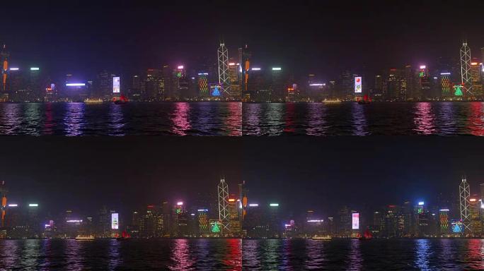 中国之夜照明香港城市著名海湾渡轮全景4k