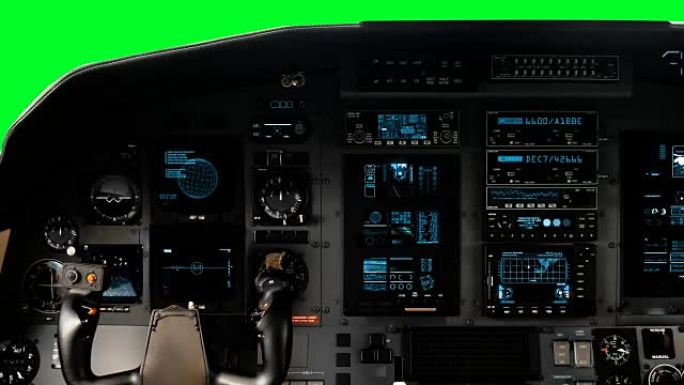 具有绿色屏幕上的完整操作仪表板的未来派飞行员座舱轭