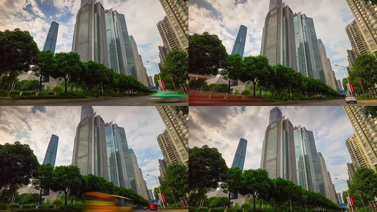 阳光灿烂的一天广州市中心交通街全景4k延时中国