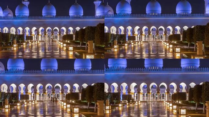 阿联酋阿布扎比，谢赫·扎耶德大清真寺在夜间延时照明