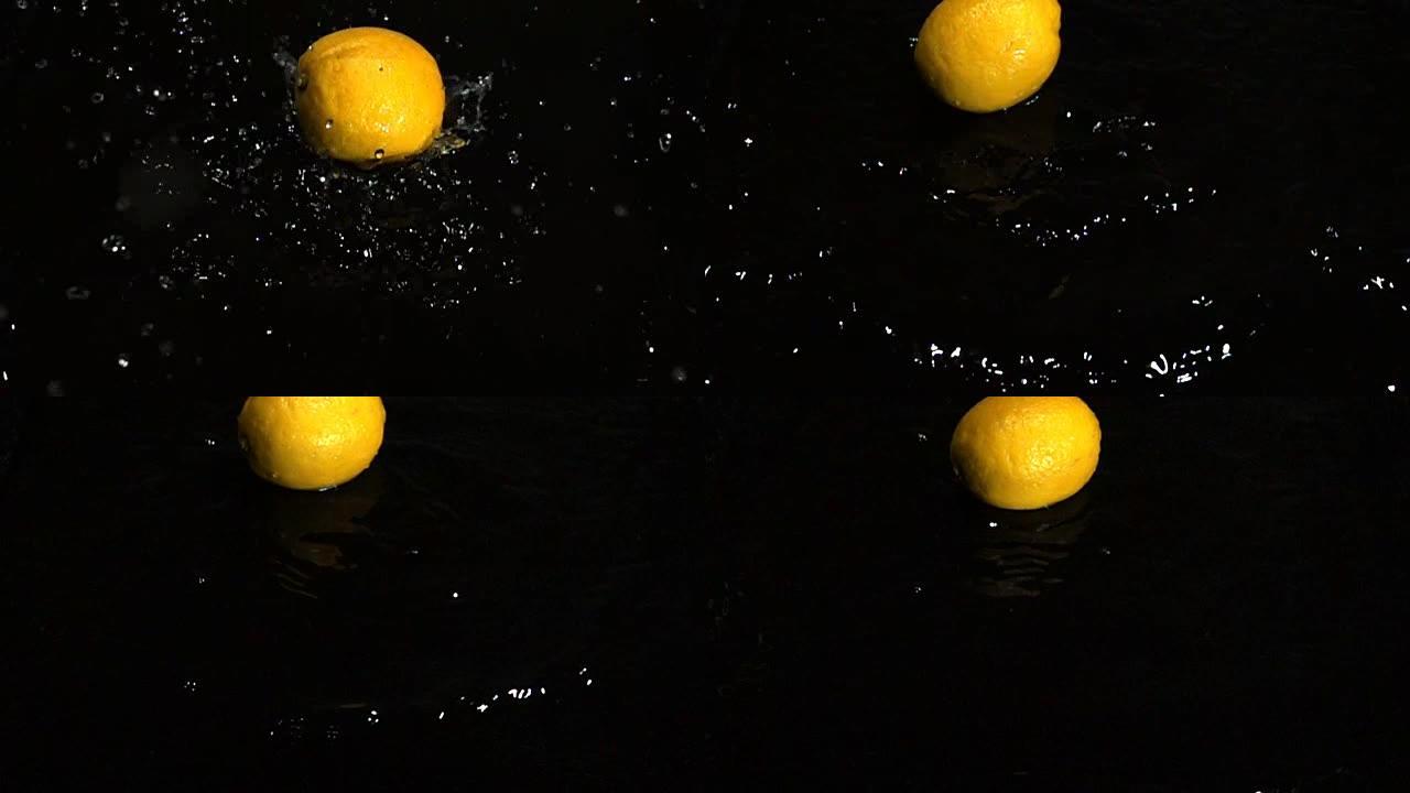 柠檬掉入水中，慢动作