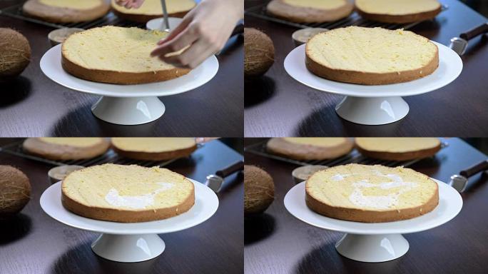 制作蛋糕的过程。糖果用糕点刮刀等同于饼干奶油。