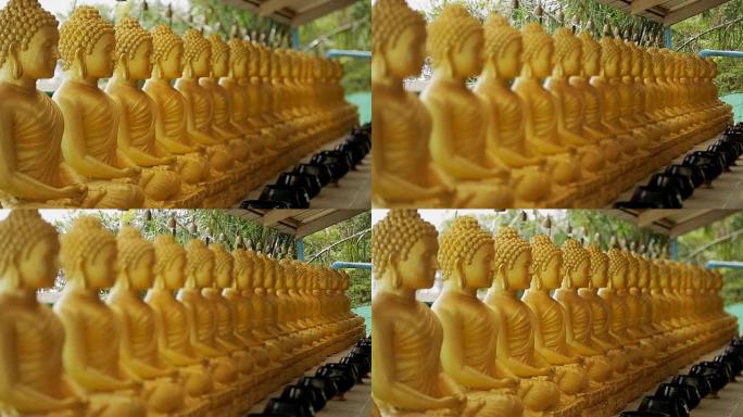 金色佛像在夏天的露台上排成一排，背景是在大风天气中沙沙作响的绿树，信仰的象征营造出宁静的氛围