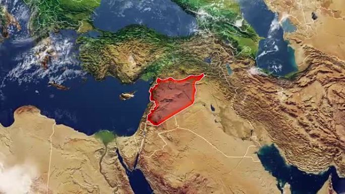 叙利亚和边界地图，中东，阿拉伯半岛，带浮雕和山脉和地中海的地图