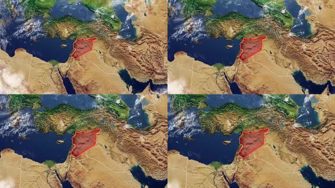 叙利亚和边界地图，中东，阿拉伯半岛，带浮雕和山脉和地中海的地图