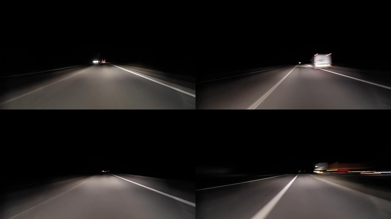 POV延时快速汽车在晚上驾驶旧乡村道路。迎面而来的卡车流量。在高速公路上行驶pov旧道路延时/过度移