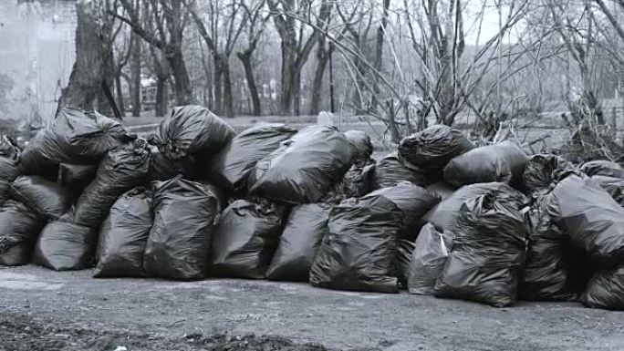 城市里堆积的黑色垃圾袋的特写镜头。黑白相间。
