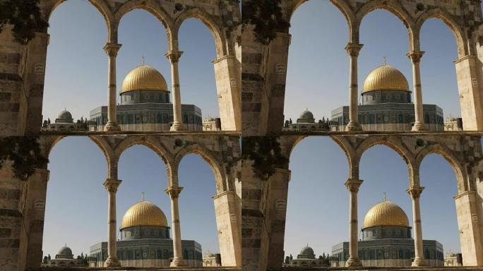 由耶路撒冷的三个拱门构架的岩石清真寺圆顶