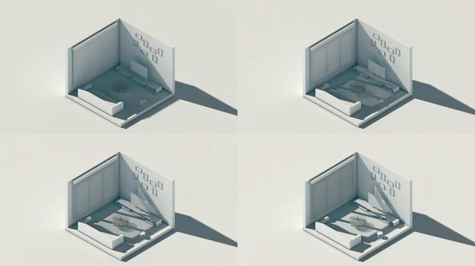 等距场景，3d渲染室，惊人的白色渲染