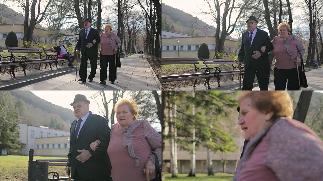 结婚60年。Simpatical老年夫妇在温泉公园散步