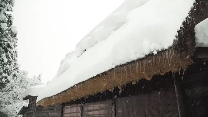 平移: 雪下的Shirakawago村房屋屋顶上的冰冻长矛