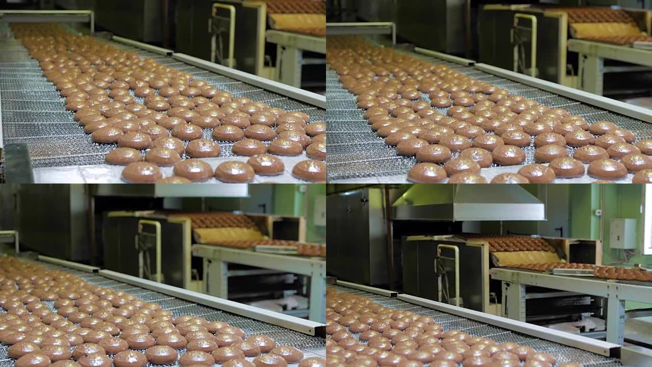 自动传送带或生产线上的蛋糕，糖果烹饪厂或工厂的烘焙过程。食品工业，饼干和其他甜面包生产