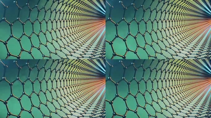 石墨烯原子纳米结构可循环动画。蜂窝形式的纳米管。概念纳米技术与科学。3d动画