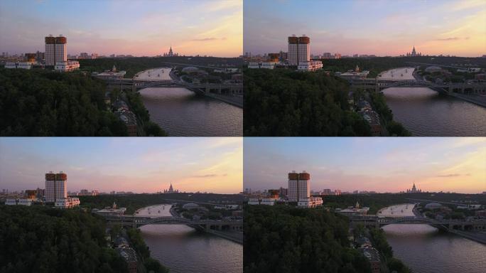 俄罗斯日落莫斯科市河畔科学院大学航空全景4k