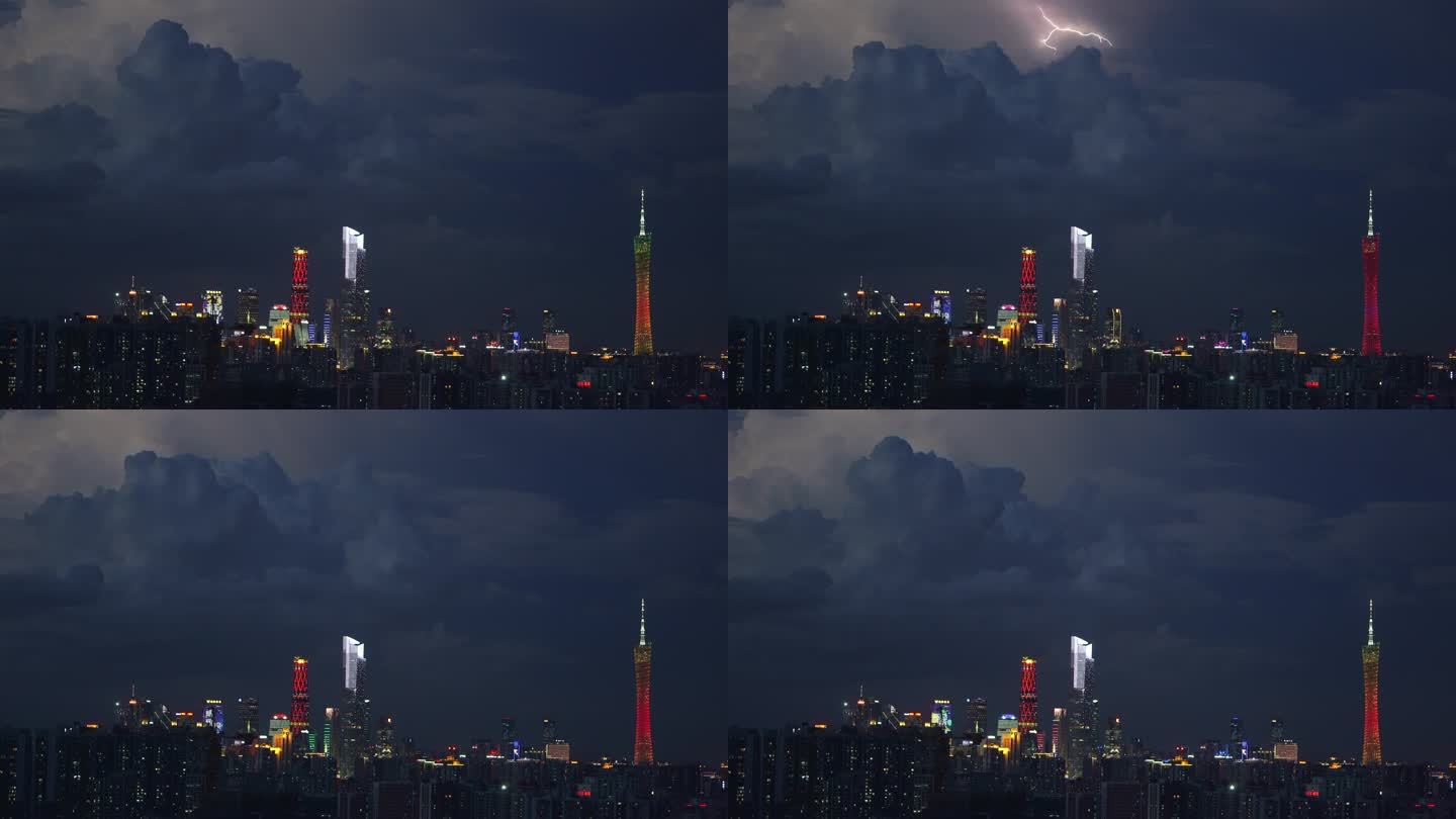 广州城市三件套闪电实拍雨天雷广州塔
