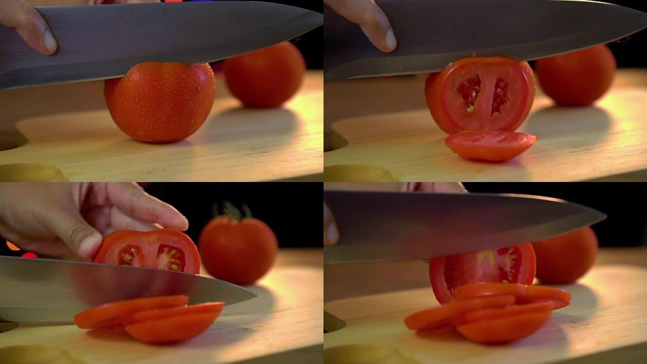 用菜刀在浅波克背景下切番茄