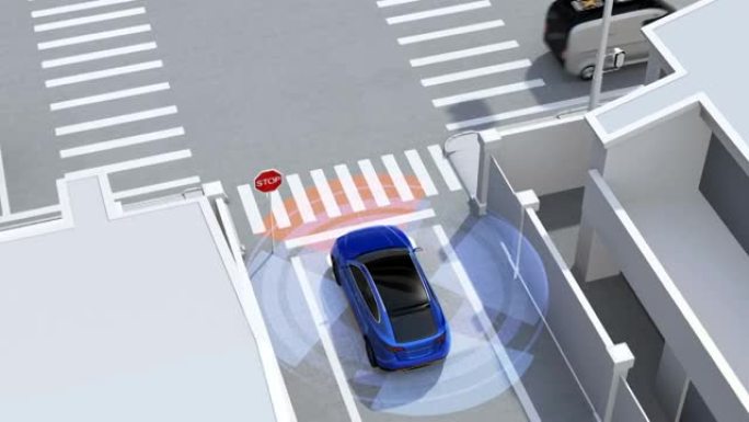 蓝色SUV在单向街道上检测到车辆在盲区