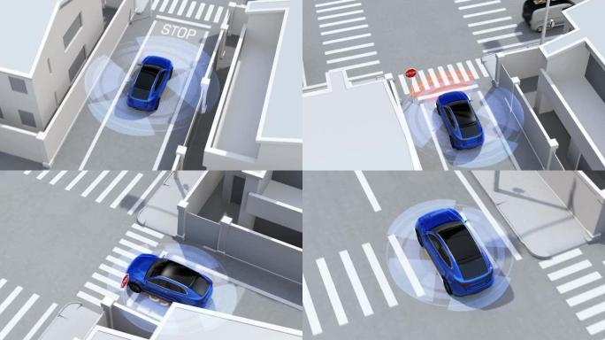 蓝色SUV在单向街道上检测到车辆在盲区