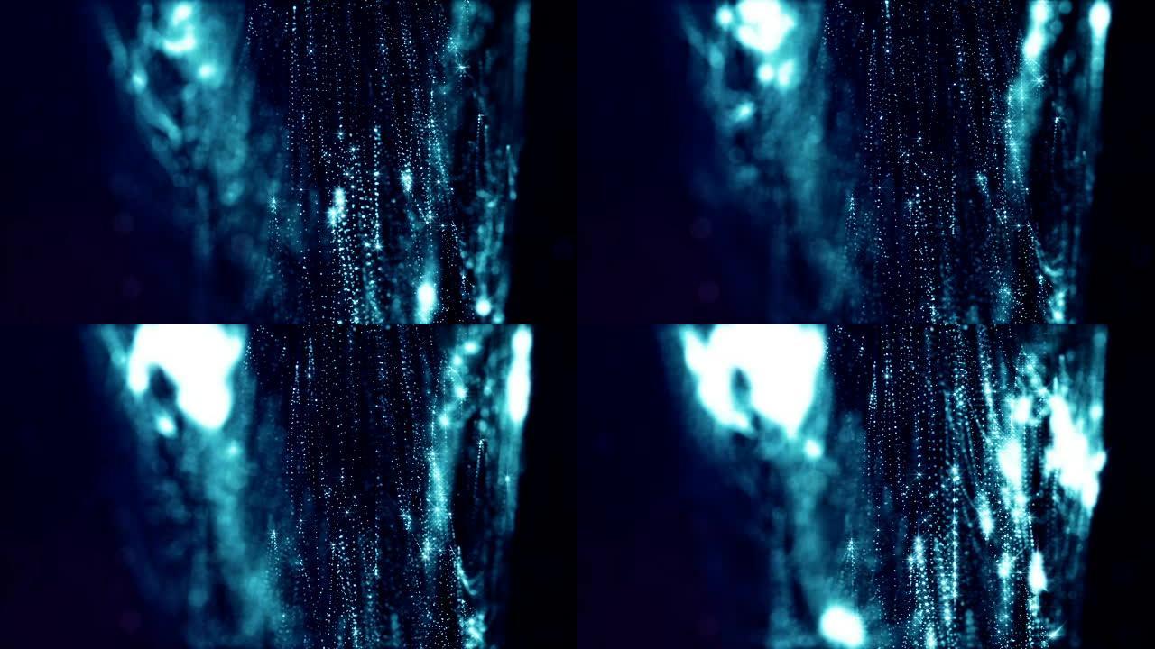 3d渲染背景与粒子和景深。循环动画，无缝镜头。深色数字抽象背景，带有美丽的发光颗粒。蓝色V3
