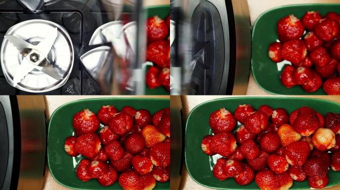 准备在搅拌机中制作草莓水果奶昔4K